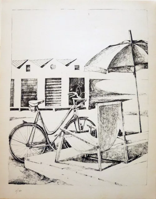 Marcello scuffi Lithographie Blanc Noir Le Vélo 50x40 Numéroté 100