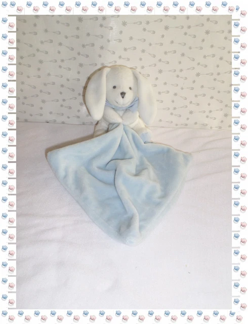 D - Doudou Peluche Lapin  Blanc Mouchoir Bleu Noeud Papillon Doudou et Compagnie