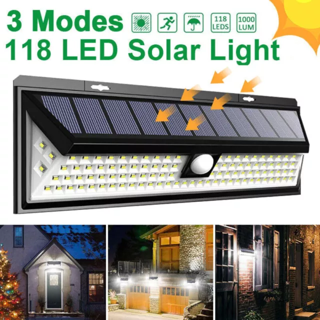 118 LED Solar Powered Motion Sensor Wall Security Light Lamp Garden Outdoor UK