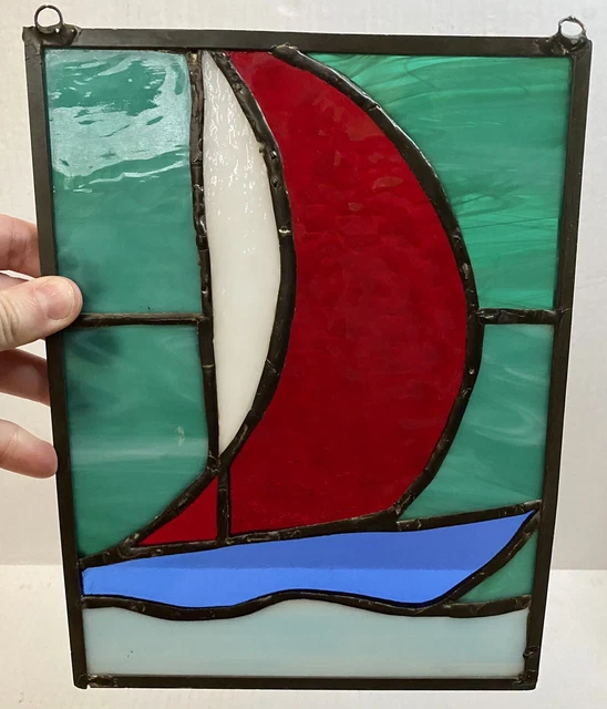 Stained Glass Art Window Handmade Sail Boat Sun Catcher Blue Red 10x7
