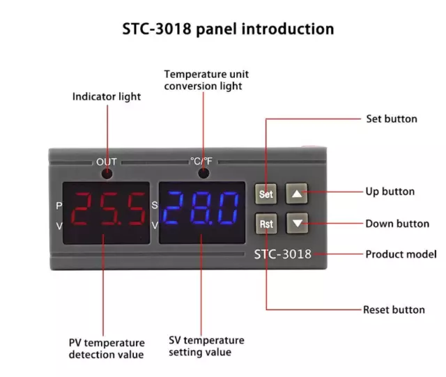 STC-3018 12/24/220V Temperature Controller Thermostat LCD Digital Dual Display 3