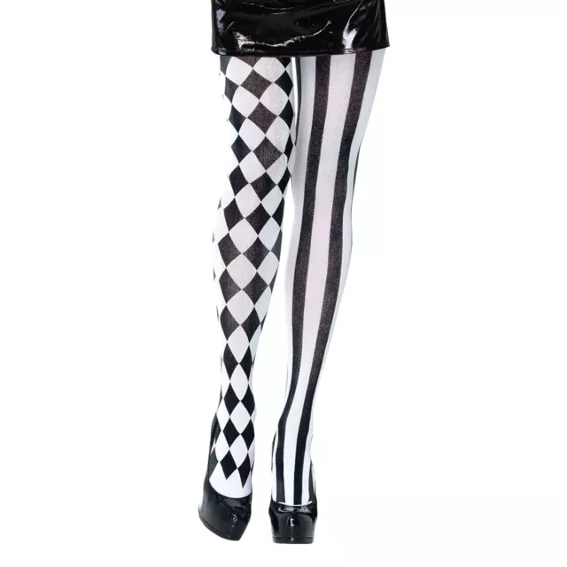 Ladies Harlequin Jester Black White Patterned Tights Fancy Dress Accessory