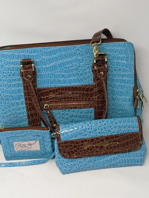 Samantha Brown-Teal/Brown Croco Embossed Weekender Bag 3-Pc Set - EC