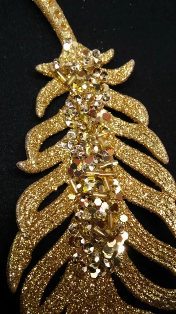 C056# Gold Beaded Glittered Stright Plastic Feather - Christmas Tree Ornament 3