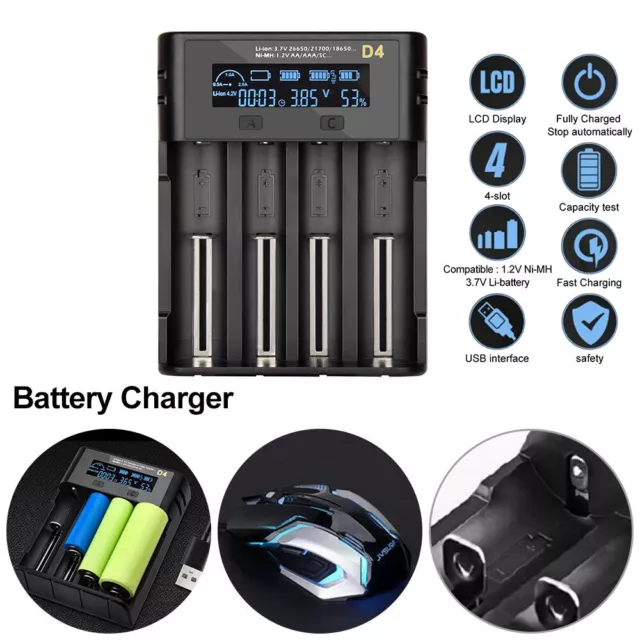 LCD Smart Battery Charger 4 Slots For 18650 21700 26650 AA AAA Nimh Battery AU