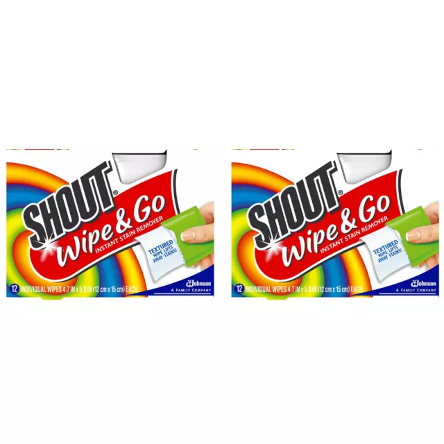 Shout Wipe & Go Instant Stain Remover - 12 CT Cleans Out Stains Fast Wiping  NIP