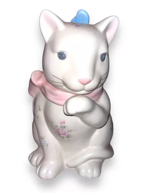 Pfaltzgraff Tea Rose White Cat with Blue Butterfly Cookie Jar Pink Flowers