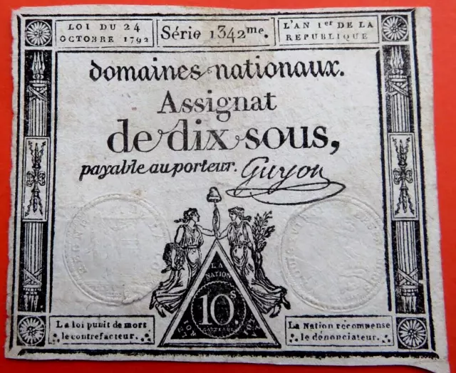 Très Beau Billet du DOMAINE NATIONAUX Assignat de DIX SOUS  de    L'an  1er