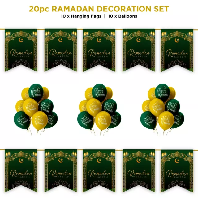 Ramadan Mubarak 20pc Decoration Set - Balloons & Bunting - Green & Gold