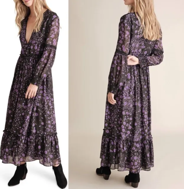 NEW Haute Hippie Floral Silk Tiered Maxi Dress in Black & Purple Size 6 #D5947