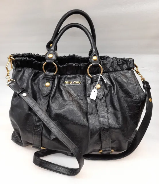 MIU MIU Leather Vitello Lux Gathered Tote Black Bag Handbag Shoulderbag