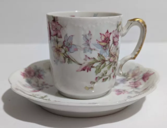 Haviland Limoges Demitasse Cup & Saucer -  Pink & Blue Blossoms French Porcelain