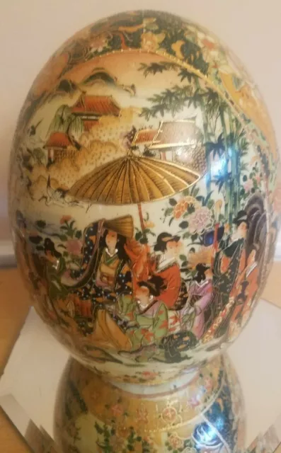 Old Vintage 8" Large Hand painted Ceramic Egg Asian Scene Gold Trim