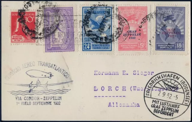 Zeppelin 1932 Argentinien 5. SAF Postkarte Buenos Aires Lorch 173 A / 2029