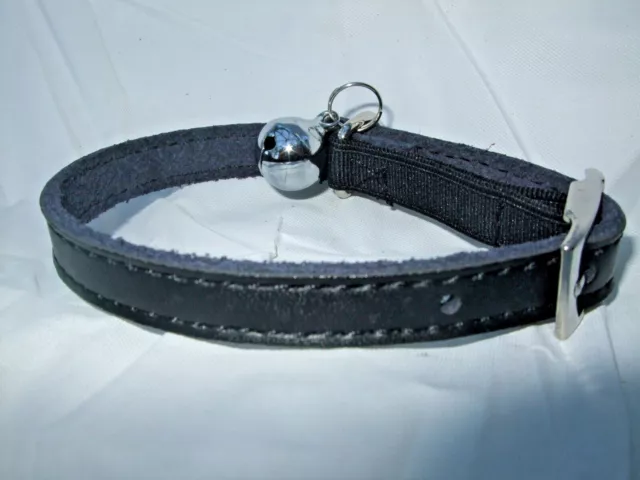 Cat Collar REAL LEATHER,  SAFETY ELASTIC metal buckle bell 9 colours