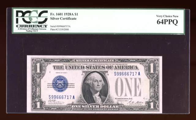 DBR 1928-A $1 Silver Fr. 1601 SA Block PCGS 64 PPQ Serial S99666717A