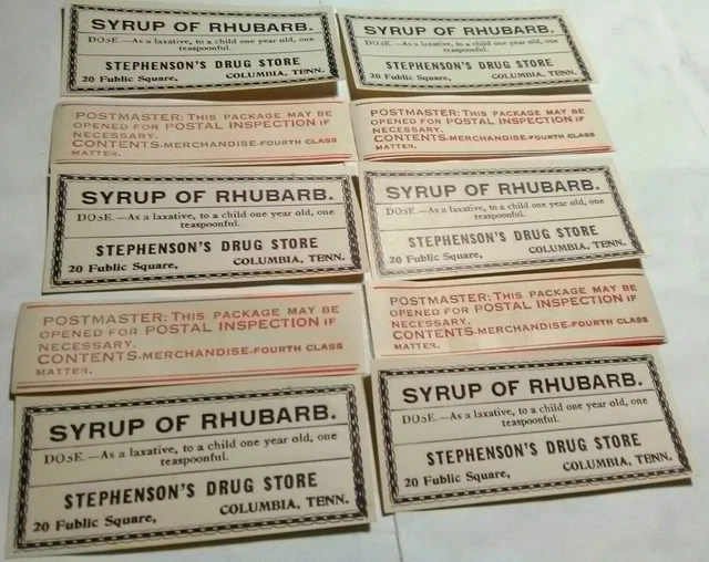 10 Lot Vintage 1920's Stephenson's Pharmacy Columbia TN Rhubarb Medicine Labels