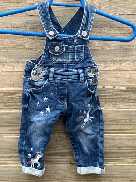 Baby Girls Age 3 - 6 Mths Next Denim Dungarees With Unicorn Pattern