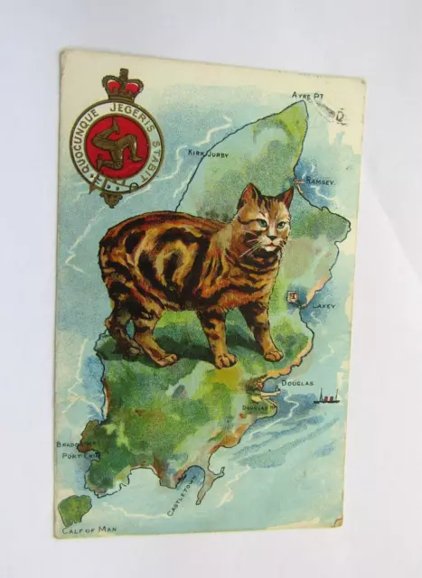 Manx Cat and Map - Old Isle of Man Postcard