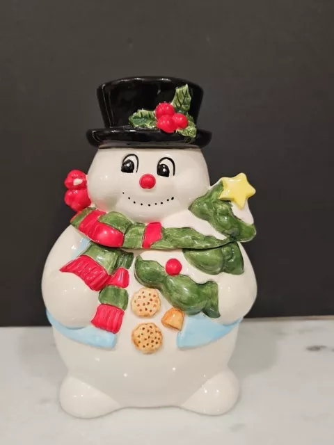 Vintage Frosty Snowman Christmas Tree Cookie Jar with Bird and Scarf