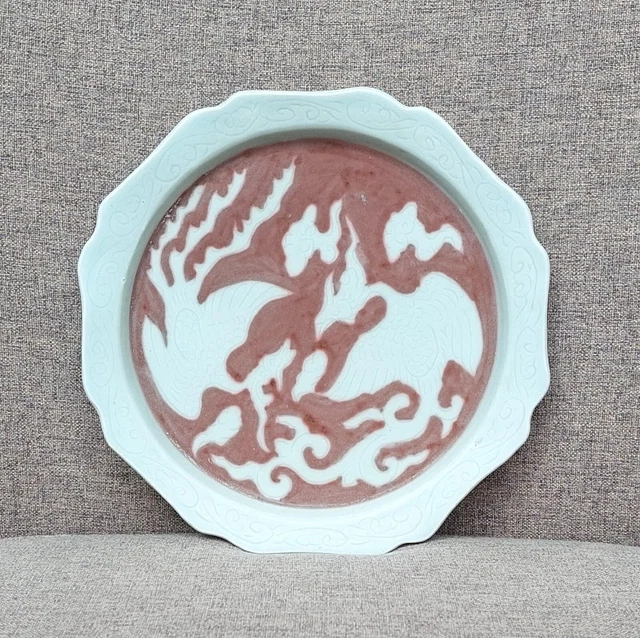 Small chinese antique yuan underglaze red porcelain dish phoenix motive