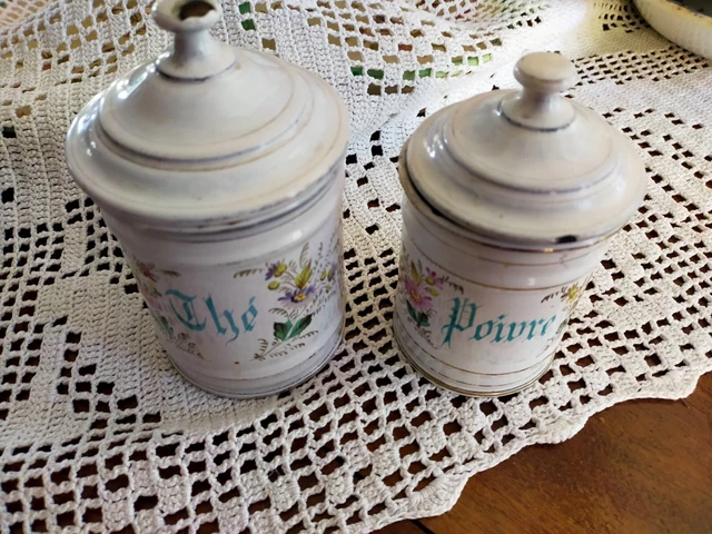 1920 Série de 3 Pots à épices en Tôle émaillée Lustucru blanc