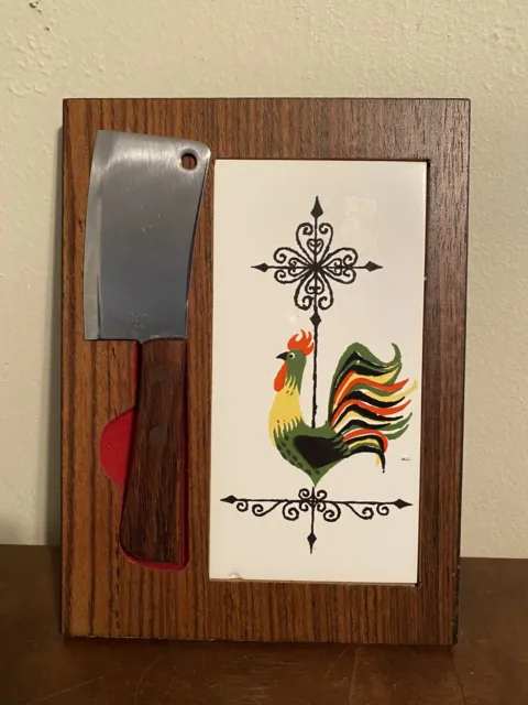 Vintage Mid Century Cheese Board W/Knife Wooden W/Rooster Ceramic Tile Hanging