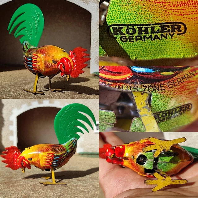 Jouet Ancien Oiseau Coq En Tôle – Mécanique – Vintage – À Collectionner