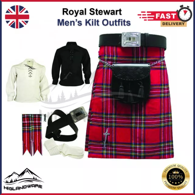 8 Piezas Hombre Tradicional Escocés Kilt Conjunto Royal Stewart Tartán Cinturón