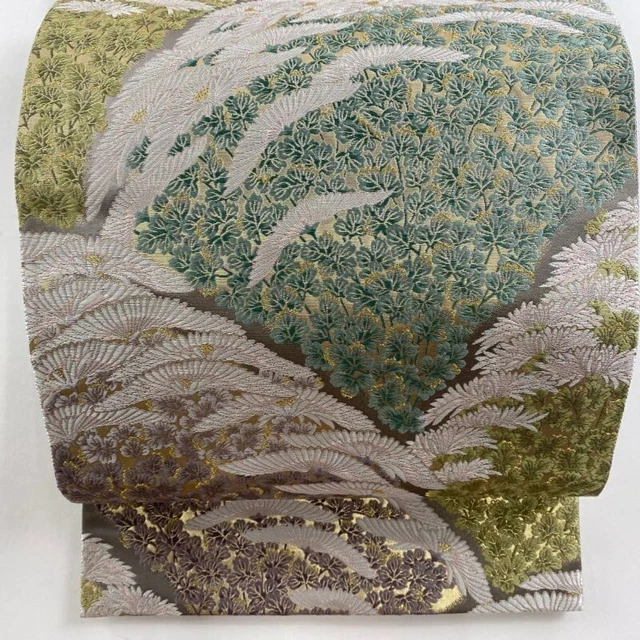 Japanese Kimono Obi Pure Silk Chrysanthemum Green For Casual Or Everyday Use