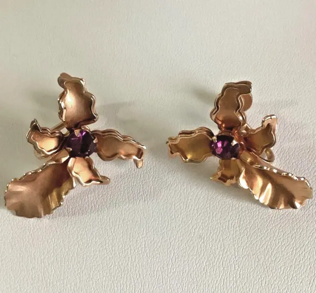 Vintage GoldTone Orchid Screw Back Earrings Purple Rhinestone B.N. Bugbee Niles