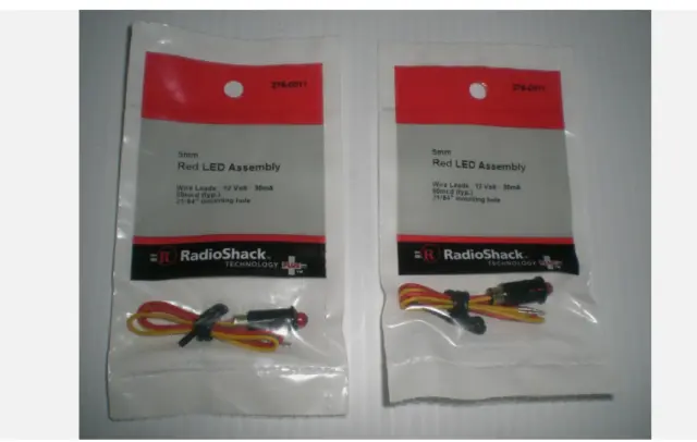 5mm RED LED ASSEMBLY Wire Leads 12 Volt 30mA 80mcd by Radioshack LOT OF 2