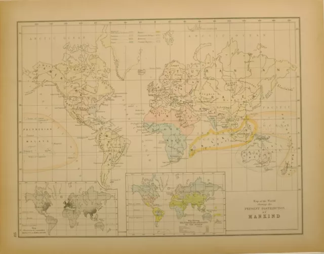 1897 Antique Map World Distribution Of Mankind Religions Density Of Population