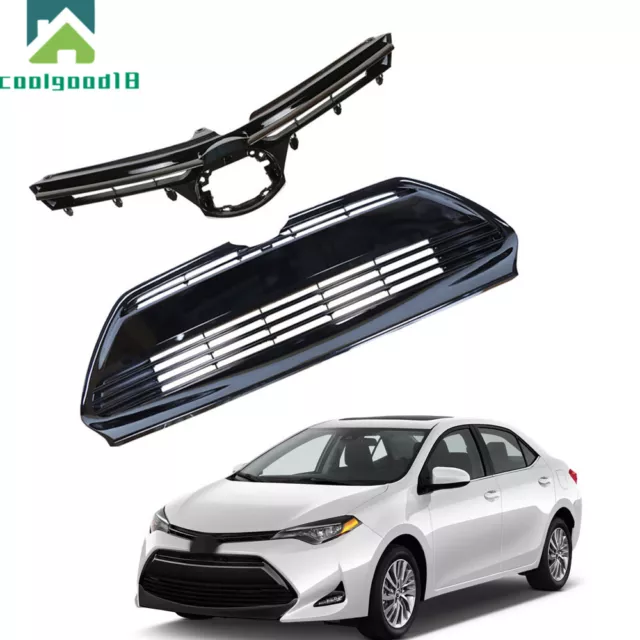 Black Front Bumper Upper+Lower Grille 2pcs For 2017-2019 Toyota Corolla LE XLE