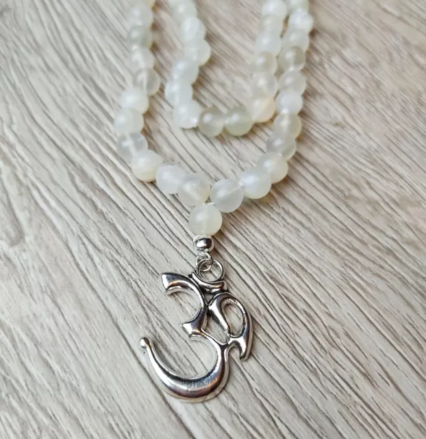 Rainbow Moonstone Mala Beads Necklace with Silver Om Symbol Pendant Yoga Gift