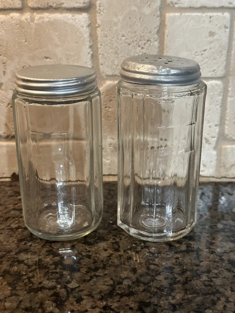 Two Vtg Hoosier Cabinet Ribbed Glass Spice Jars, 1 Shaker, 1 Solid Aluminum Lids