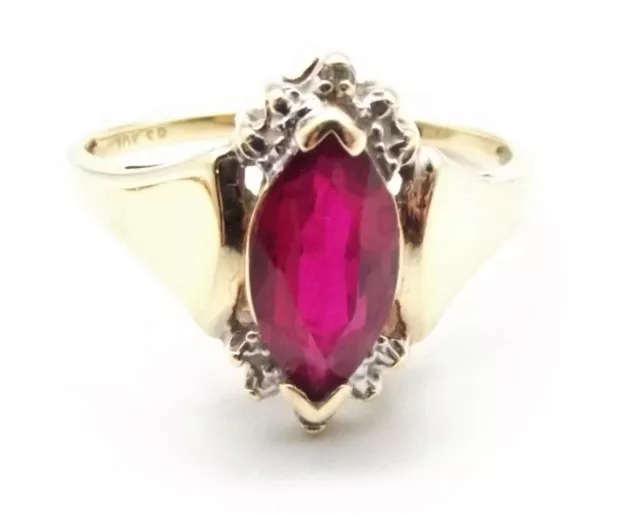 Vtg10K Gold Simulated Ruby Ring Sz 7 Marquise Estate Natural Diamond Accent