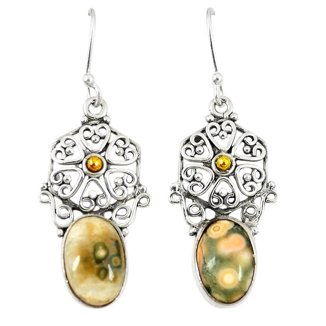Hand Carved Natural Green Ocean Sea Jasper (madagascar) Two Tone Earrings D23645