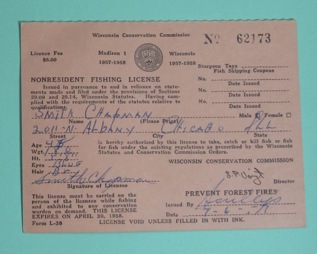1957 WISCONSIN CONSERVATION Commission Chicago Non Resident Fishing