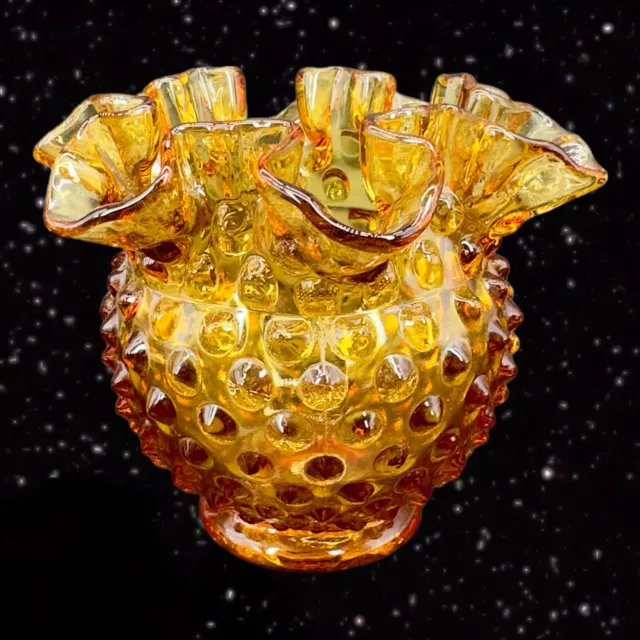 Vintage Fenton Honey Amber Glass Hobnail Ruffled Edged Vase 3.75”T 5”W