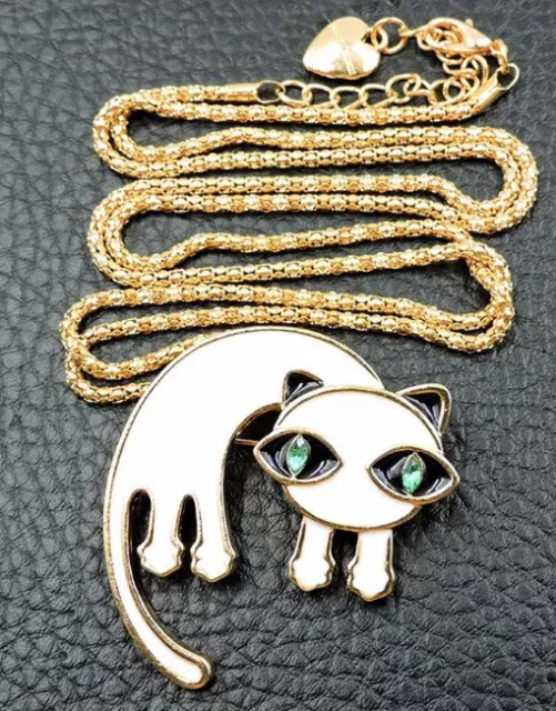Betsey Johnson White Enamel Crystal Kitty Cat Pendant Necklace Brooch NWT