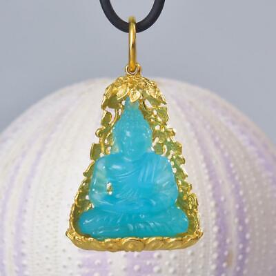 Pendant Buddha Image Gold Vermeil Sterling Bodhi Tree Blue Chalcedony 13.48 g