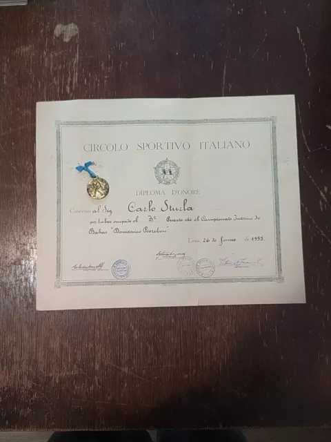 Diploma D'onore Del Circolo Sportivo Italiano Di Lima Campionato Di Bocce 1955