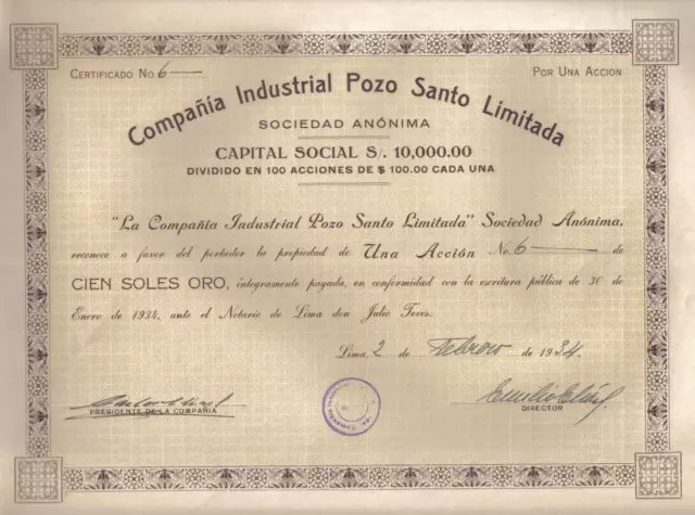 Original Peru 1934 Industrial Pozo Santo Co 100 soles issued 100 uncancelled