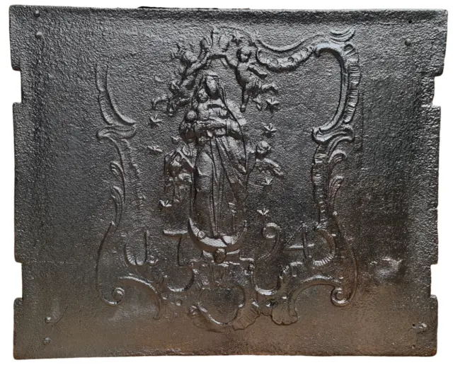 antike Gusseisen Kamin Platte Madonna Puttis original Relief Ofen 1794 54x66cm