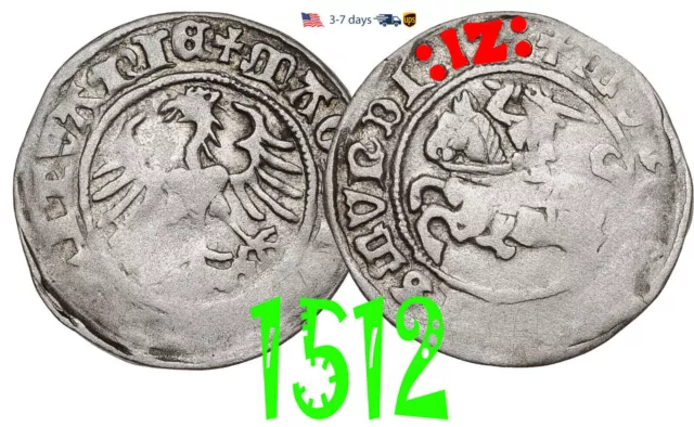Poland Lithuania 1/2 GROSCHEN 1/2 grosz 1512 Sigismund I Silver Coin #30963