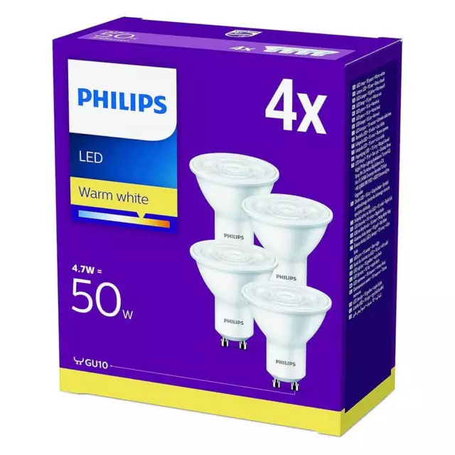 4x Focos LED Philips Reflector 4,7W = 50W GU10 Blanco 380lm Blanco Cálido 2700K