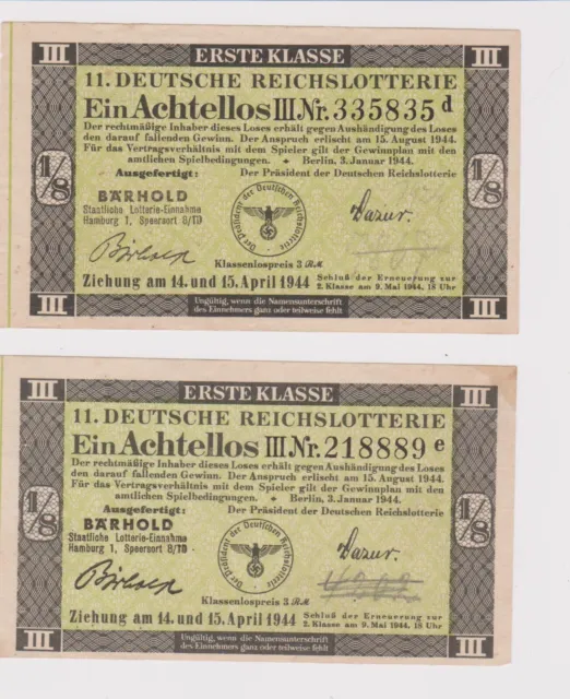 Allemagne billet DEUTSCHE REICHSLOTTERIE AVRIL  1944 1/8  lot de 2 billets