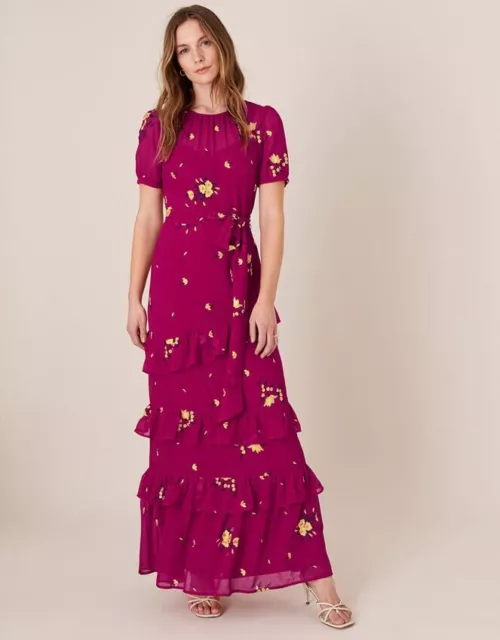 New Monsoon RRP£170 Embroidered Tiered Maxi Pink Dress Size 12 Tall