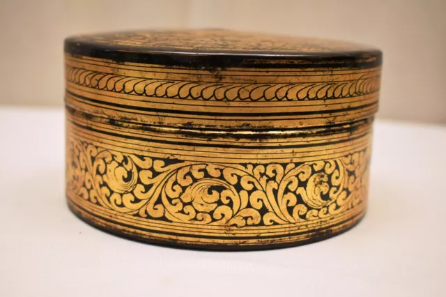 Antique Burmese Betel Nut Box Gilt Lacquerware Myanmar Floral Gold Painted King" 4
